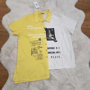 Darkwin Fashion Print BottonsYellow and White Asymmetric  Spring Summer T Shirt